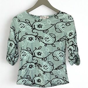 Y2K Vintage Artsy Boutique Embroidered Floral Ruched Sleeve Top -Size S
